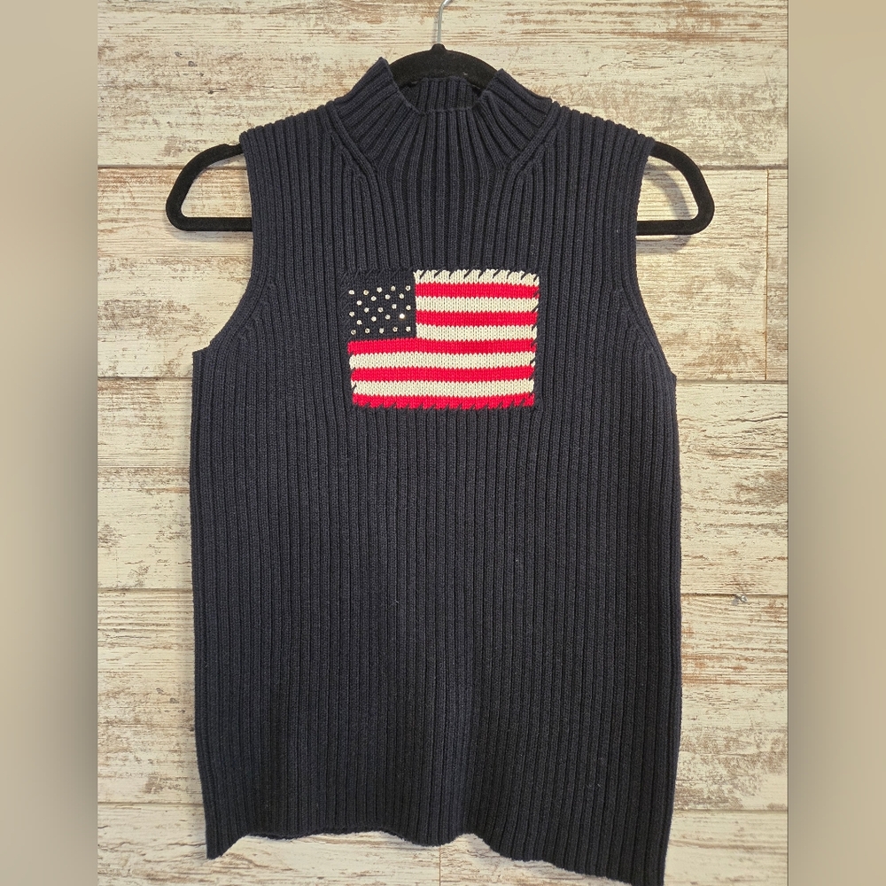 Petite Sophisticate NAVY Sleeveless Top with American Flag